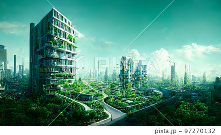 Spectacular city covered with green trees and plant. Digital art 3D illustration Spectacular city covered with green trees and plant. Digital art 3D illustration 97270132