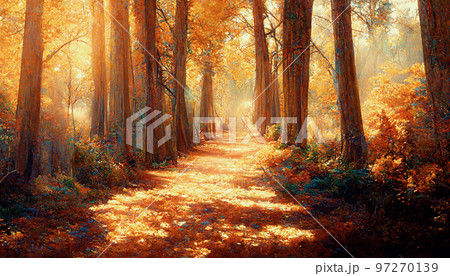 Spectacular autumn forest with golden sunlight Digital art 3D illustration. 97270139