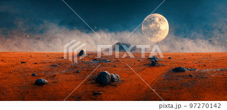 Spectacular panoramic view of Mars landscape digital art 3D illustration. Spectacular panoramic view of Mars landscape digital art 3D illustration. 97270142