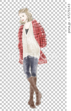 Illustration of a woman in boots wearing a red check stole 97270143