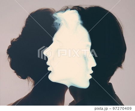 Pair couple man and woman profile portrait face to face. Family psychologist and healthy relationships concept. Understanding and patience. Pair couple man and woman profile portrait face to face. Family psychologist and healthy relationships concept. Understanding and patience. 97270409