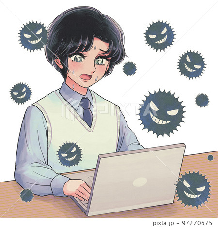 少女マンガ風・PCがウイルスに感染した学生のイラスト 少女マンガ風・PCがウイルスに感染した学生のイラスト 97270675