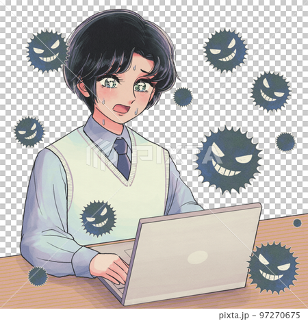 電腦感染病毒的學生插畫少女漫畫風格 97270675
