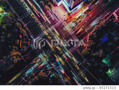 Night modern urban city cars traffic overhead view 97271513