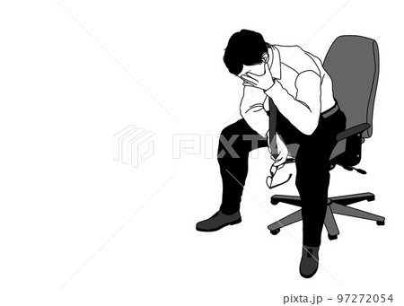 落ち込んで椅子に座りメガネを外す男性 疲れたサラリーマンのモノクロイラスト 97272054