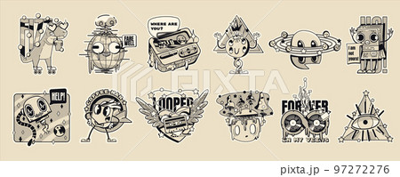 Monochrome psychedelic stickers in y2k style Monochrome psychedelic stickers in y2k style 97272276