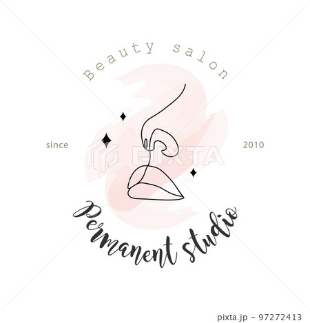 Permanent studio logo. Lip makeup procedure. Tattoo salon. Linear female lips with pink watercolor splash. Abstract minimalistic woman portrait. Modern vector illustration Permanent studio logo. Lip makeup procedure. Tattoo salon. Linear female lips with pink watercolor splash. Abstract minimalistic woman portrait. Modern vector illustration 97272413