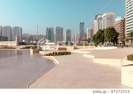 Streets and Skyscrapers. Tall Modern Glass Buildings in Abu Dhabi. United Arab Emirates. Streets and Skyscrapers. Tall Modern Glass Buildings in Abu Dhabi. United Arab Emirates. 97272553