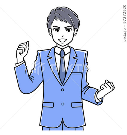 ガッツポーズするスーツの若い男性（上半身・シンプル） 97272920