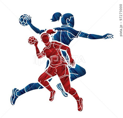 Group of Handball Players Female Mix Action Cartoon Sport Team Graphic Vector 97273000