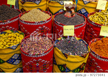 Nuts and Spices in the Old Souq of Nizwa, Oman. Traditional Bazaar with Ingredients of Omani Cuisine. 97273041