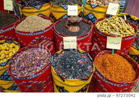 Nuts and Spices in the Old Souq of Nizwa, Oman. Traditional Bazaar with Ingredients of Omani Cuisine. Nuts and Spices in the Old Souq of Nizwa, Oman. Traditional Bazaar with Ingredients of Omani Cuisine. 97273042
