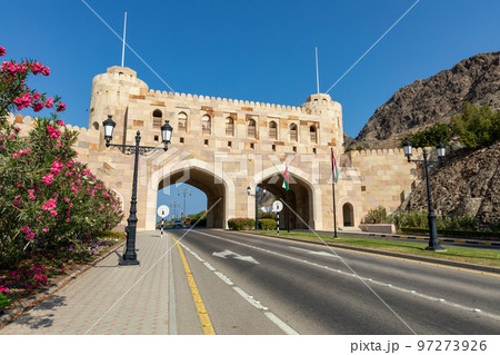Muscat Gate Museum. Traditional Omani architecture. Old Town of Muscat near Mutrah Corniche, Oman. Arabian Peninsula.  97273926