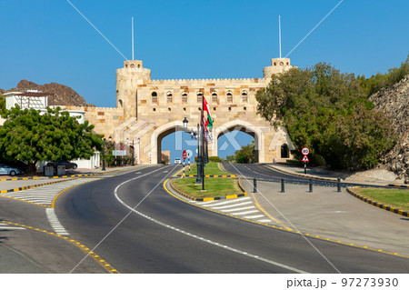 Muscat Gate Museum. Traditional Omani architecture. Old Town of Muscat near Mutrah Corniche, Oman. Arabian Peninsula. Muscat Gate Museum. Traditional Omani architecture. Old Town of Muscat near Mutrah Corniche, Oman. Arabian Peninsula. 97273930