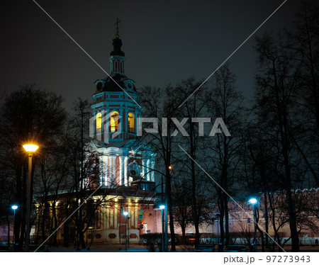 Night winter view to western gates and belltower of Donskoy monastery at Moscow, Russia 97273943