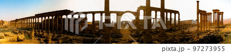 Panorama of Palmyra columns, Decumanus, Tetrapylon, ancient city, destroyed 97273955