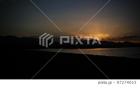 Panorama of Song Kul lake at the sunset, Kyrgyzstan 97274015