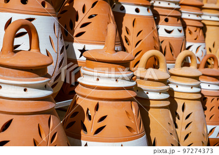 Hand Made Pottery in Nizwa Market. Clay Jars at the Rural Traditional Arabic Bazaar, Oman.  97274373