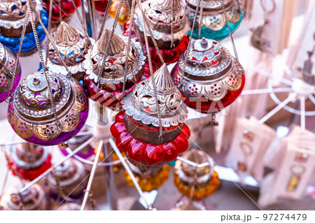 Souvenirs exhibited in market shops of the old town Nizwa. Oman. Arabian Peninsula.  97274479