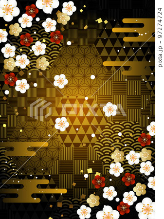 六角吉祥文様地にコーナー梅の暗い金色和背景タテ 97274724