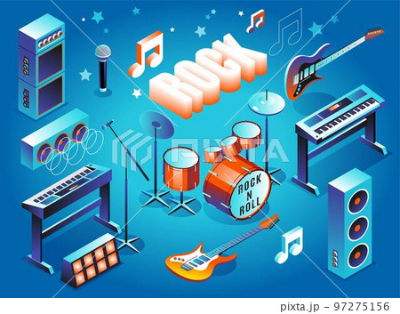 Rock Music musical instruments and 3d word rock set, Isometric Vector Icons on isolated background 97275156
