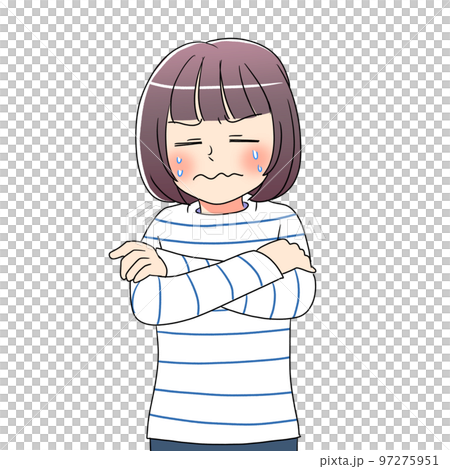 Bob hair woman cartoon material with folded arms and suffering from cold sweat Bob hair woman cartoon material with folded arms and suffering from cold sweat 97275951