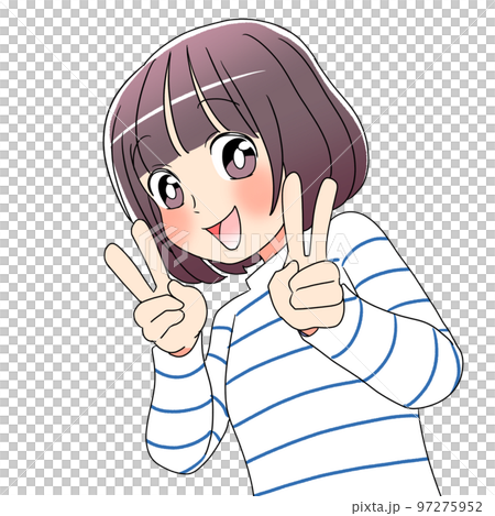 bob hair woman cartoon material doing double peace sign bob hair woman cartoon material doing double peace sign 97275952