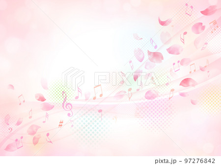 水彩 ふんわり桜と音符のフレーム、背景 97276842