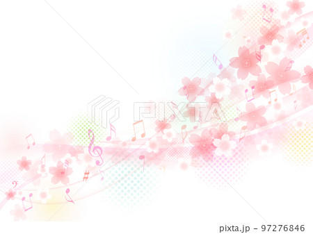 水彩 ふんわり桜と音符のフレーム、背景 97276846