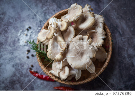 Grey oyster mushroom on basket , fresh raw oyster mushroom with herbs and spices for cooking food Grey oyster mushroom on basket , fresh raw oyster mushroom with herbs and spices for cooking food 97276896