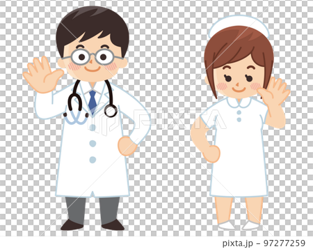 A male doctor and a female nurse waving hands Healthcare workers A male doctor and a female nurse waving hands Healthcare workers 97277259