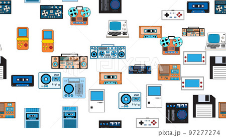 Seamless pattern endless with tech electronics equipment old retro vintage hipster from 70s, 80s, 90s isolated on white background. Vector illustration Seamless pattern endless with tech electronics equipment old retro vintage hipster from 70s, 80s, 90s isolated on white background. Vector illustration 97277274