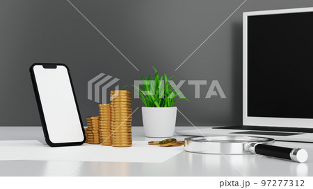 Laptop and smartphone with coffee, gold coin and magnifying glass on working table, 3D rendering. Laptop and smartphone with coffee, gold coin and magnifying glass on working table, 3D rendering. 97277312