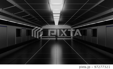 Inside spaceship or space station interior, Sci-Fi tunnel, corridor with empty space, 3D rendering 97277321