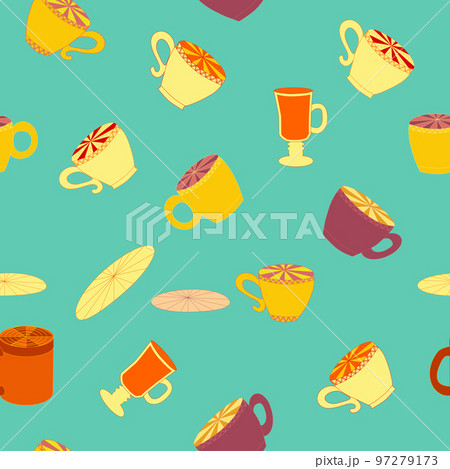 Cups and saucers bright seamless pattern. Tea, tea shop, coffee. Wallpaper, wrapping paper 97279173