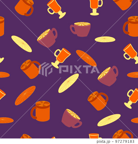 Cups and saucers bright seamless pattern. Tea, tea shop, coffee. Wallpaper, wrapping paper Cups and saucers bright seamless pattern. Tea, tea shop, coffee. Wallpaper, wrapping paper 97279183