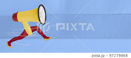 Contemporary art collage. Creative design. Female legs in red tights on heels running with megaphones over blue background. News 97279868