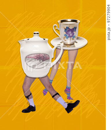 Contemporary art collage. Creative design. Tea party. Male and female legs with cup and kettle head over orange background 97279904