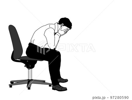 椅子に座って落ち込む男性 悩むサラリーマンの全身横向きのイラスト 97280590