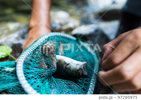 渓流で釣りを楽しむ子ども 渓流で釣りを楽しむ子ども 97280975