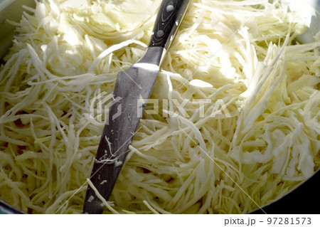 Shredded cabbage and a wide knife. Shredded cabbage and a wide knife. 97281573