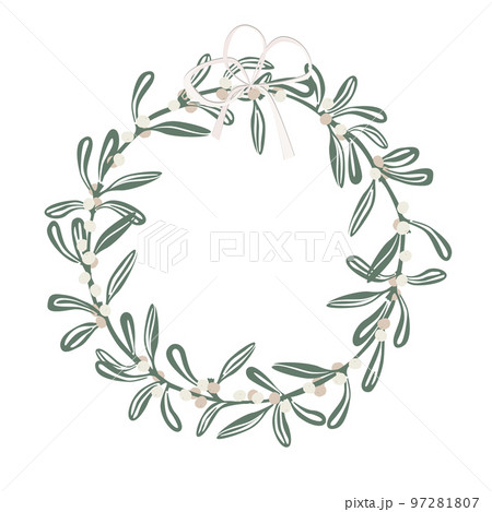 Christmas wreath with mistletoe branches and ribbon bow. Vector illustration in cartoon flat style.. Christmas wreath with mistletoe branches and ribbon bow. Vector illustration in cartoon flat style.. 97281807