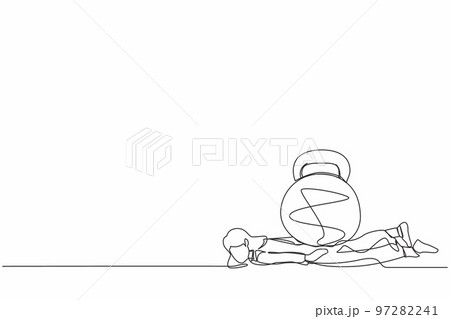 Continuous one line drawing unhappy businesswoman under heavy kettlebell burden. Tension, heaviness in business life. Overwork, stress, time management. Single line graphic design vector illustration Continuous one line drawing unhappy businesswoman under heavy kettlebell burden. Tension, heaviness in business life. Overwork, stress, time management. Single line graphic design vector illustration 97282241