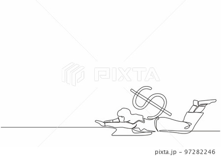 Single one line drawing unhappy businesswoman under heavy dollar symbol burden. Overworked or overloaded worker due to economic crisis, debt pressure. Continuous line draw design vector illustration 97282246