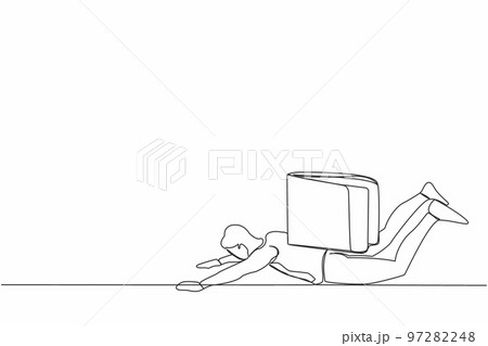 Single one line drawing depressed businessman under heavy wallet burden. Tired hard working office employee. Financial and economic crisis concept. Continuous line design graphic vector illustration 97282248