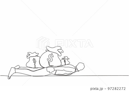 Continuous one line drawing of depressed businessman under heavy money bag burden. Finance crisis money fall down. Economic crash due to pandemic. Single line draw design vector graphic illustration 97282272
