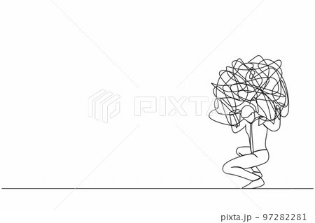 Single continuous line drawing exhausted businessman carrying heavy messy line on his back. Anxiety from work difficulty and overload, problem in economic crisis. One line design vector illustration 97282281