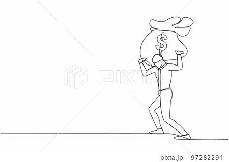 Single one line drawing exhausted businessman carrying heavy money bag on his back. Stressed worker difficult to making money. Financial crisis in pandemic. Continuous line design vector illustration 97282294