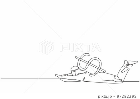 Continuous one line drawing Arabian businessman under heavy dollar symbol burden. Overworked or overloaded worker due to economic crisis, debt pressure. Single line design vector graphic illustration 97282295