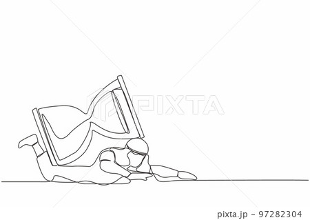 Single one line drawing of Arabian businessman under heavy hourglass burden. Office employee with deadline problem. Schedule of business tasks. Continuous line draw design graphic vector illustration 97282304